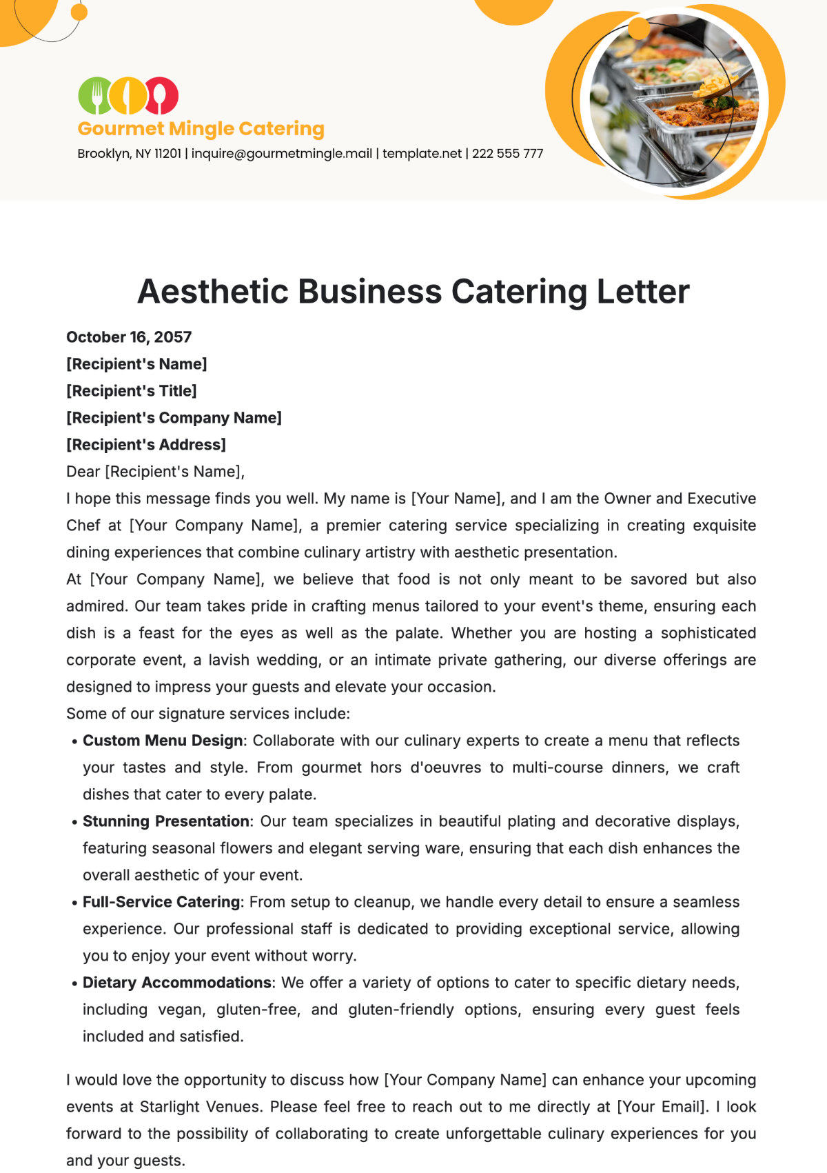 Aesthetic Business Catering Letter Template - Edit Online & Download