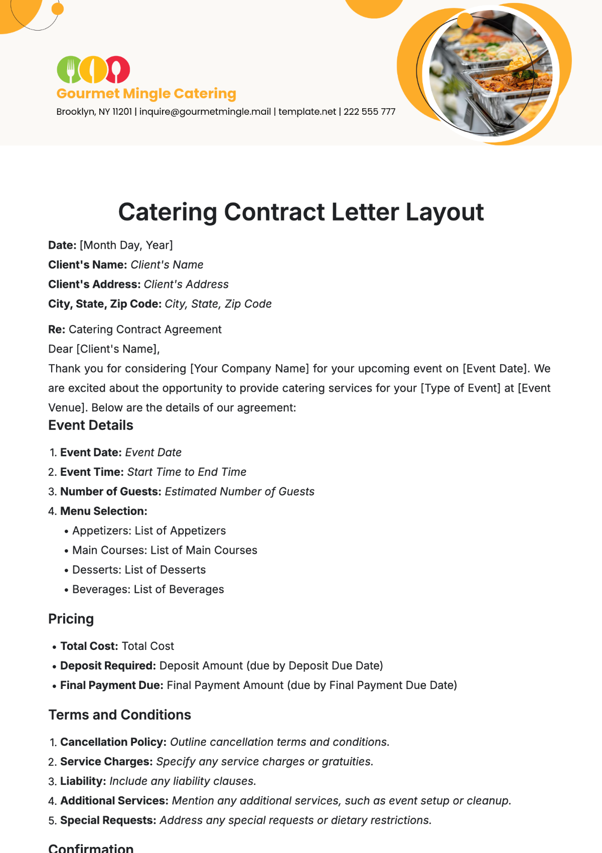 Catering Contract Letter Layout Template - Edit Online & Download