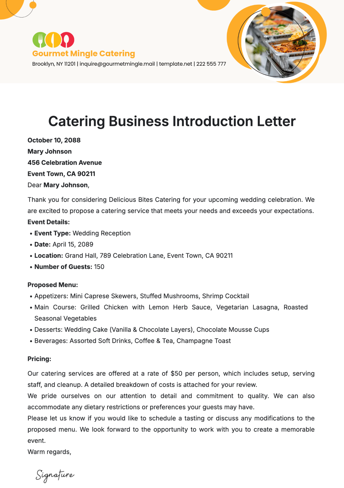 Catering Business Introduction Letter Template - Edit Online & Download