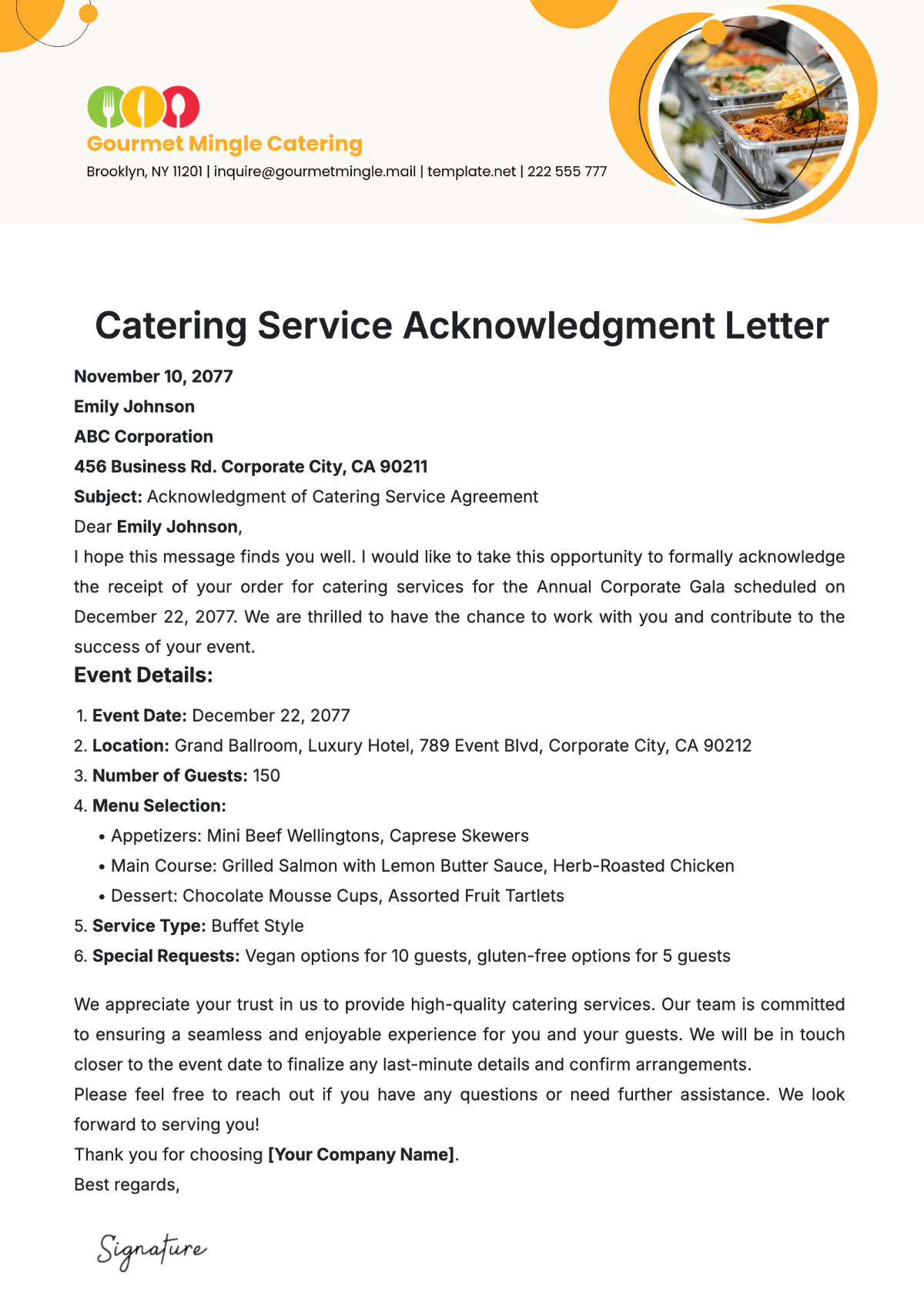 Catering Service Acknowledgment Letter Template - Edit Online & Download