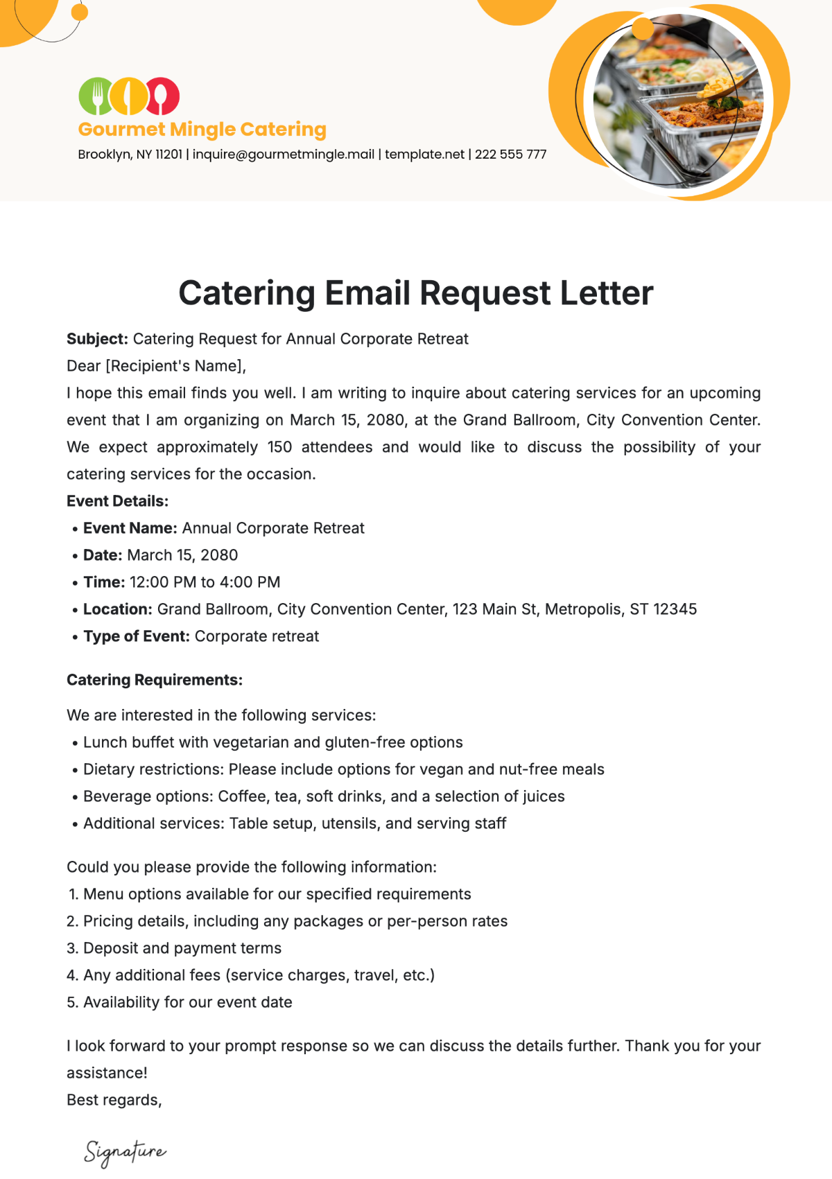 Catering Email Request Letter Template - Edit Online & Download