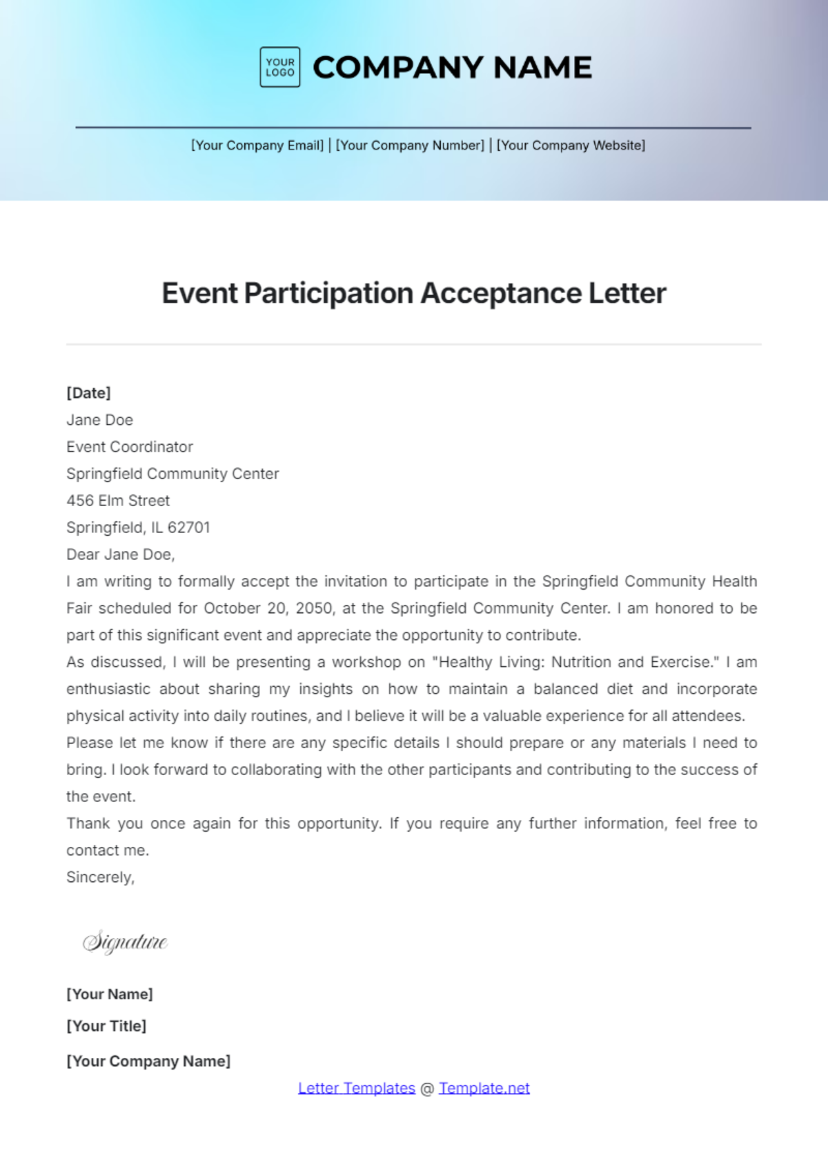 Event Participation Acceptance Letter Template - Edit Online & Download