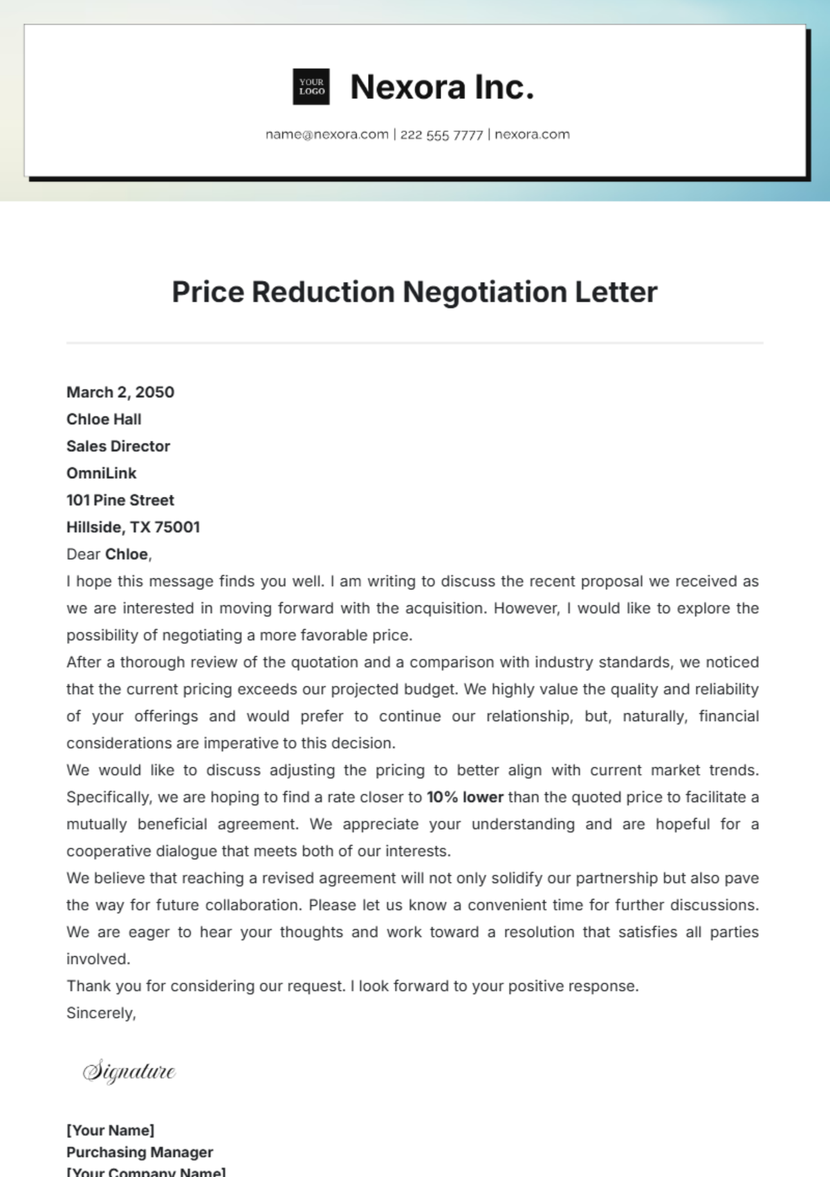 Price Reduction Negotiation Letter Template - Edit Online & Download