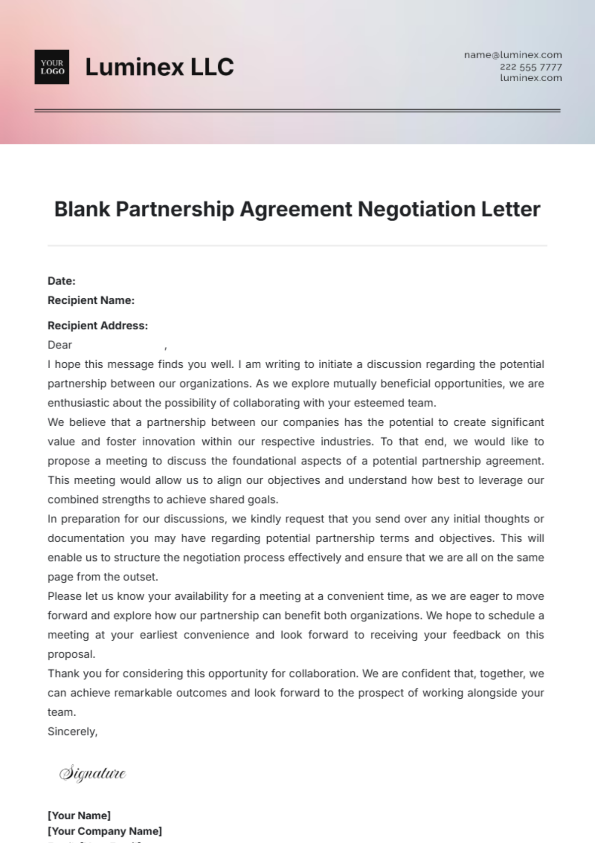 Blank Partnership Agreement Negotiation Letter Template - Edit Online & Download