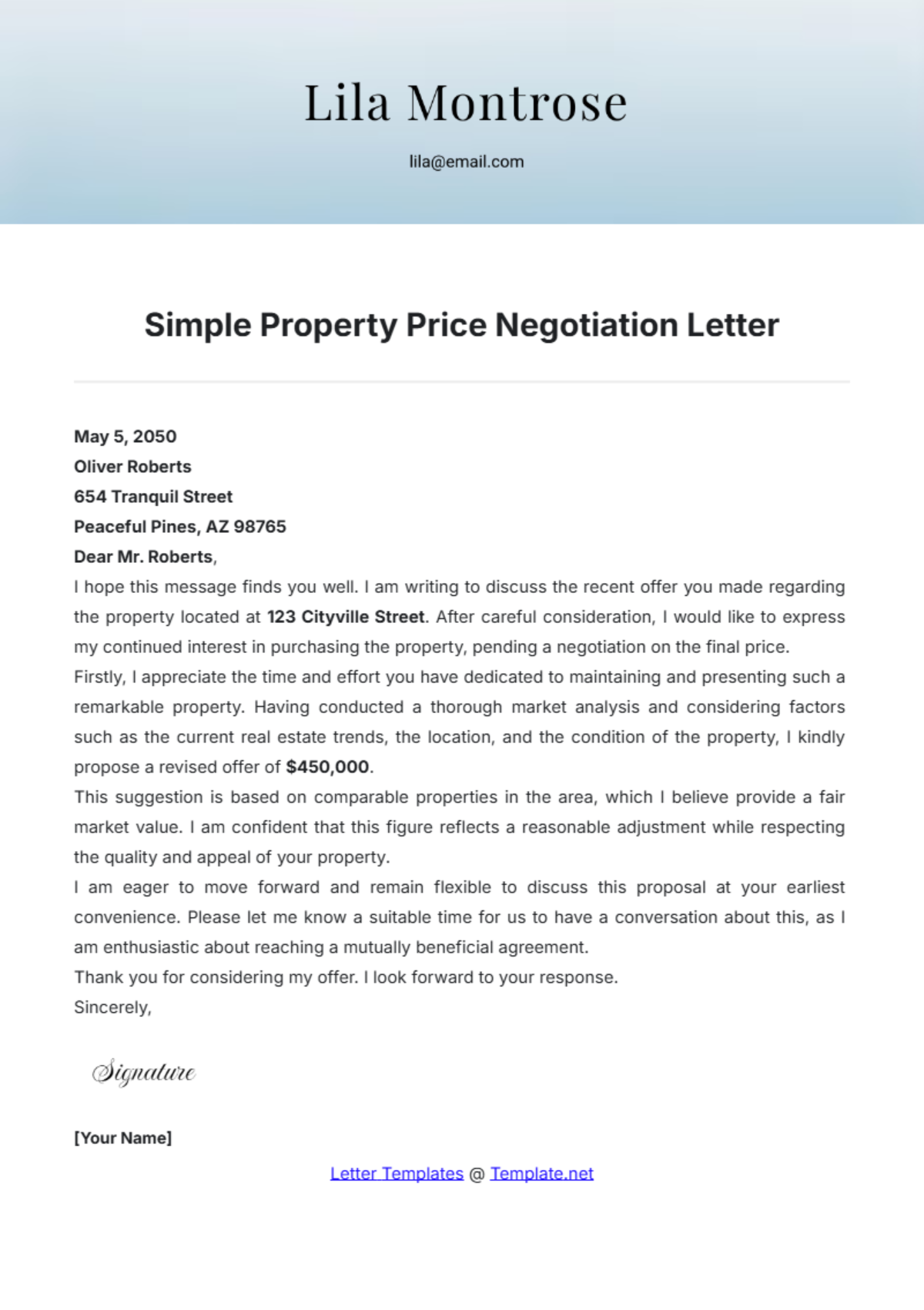 Simple Property Price Negotiation Letter Template - Edit Online & Download