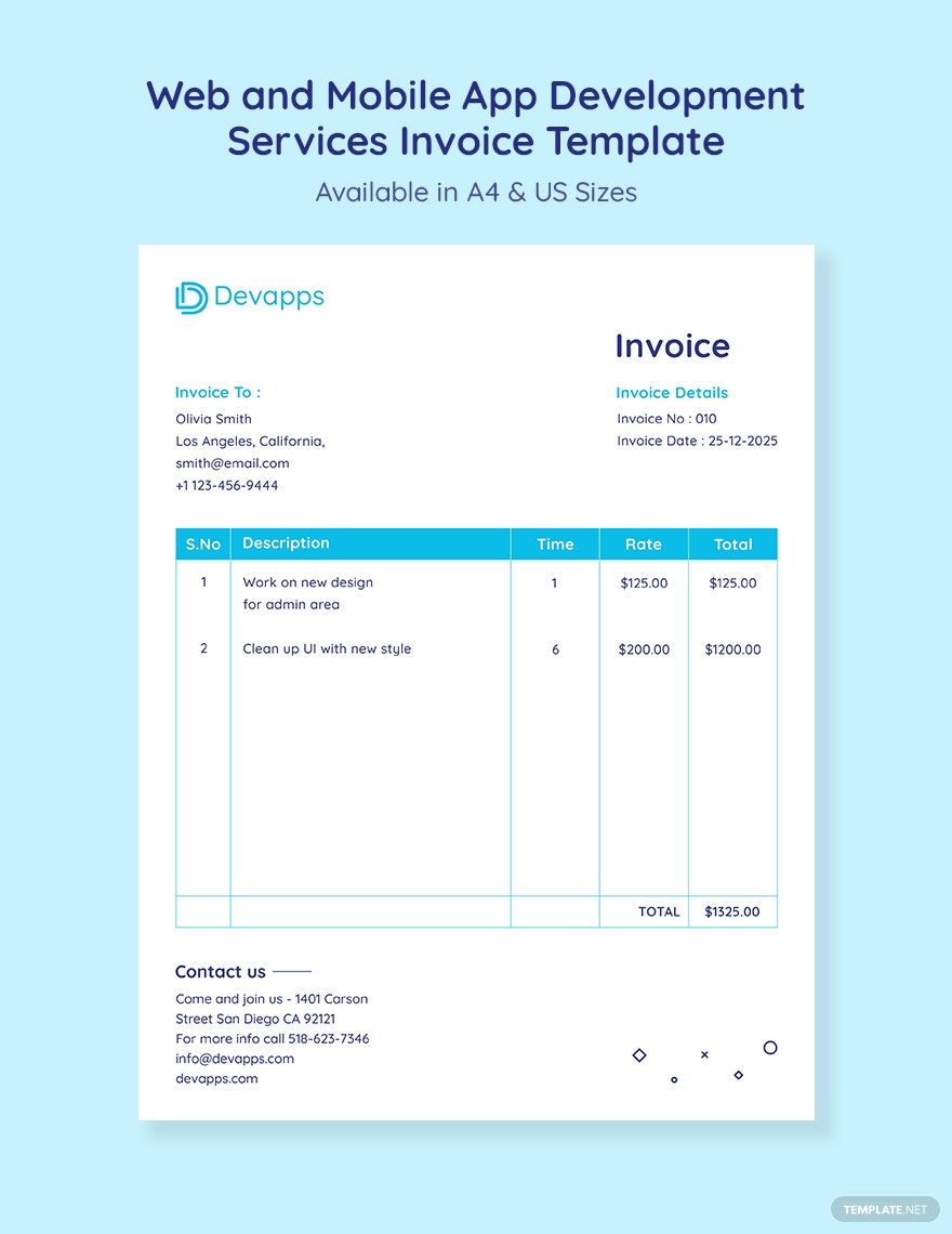 Web and Mobile App Development Services Invoice Template in Word, Google Docs, Excel, PDF, Google Sheets, Illustrator, PSD, Apple Pages, InDesign, Apple Numbers