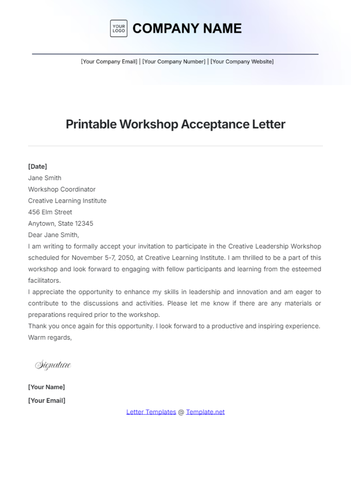 Printable Workshop Acceptance Letter Template - Edit Online & Download