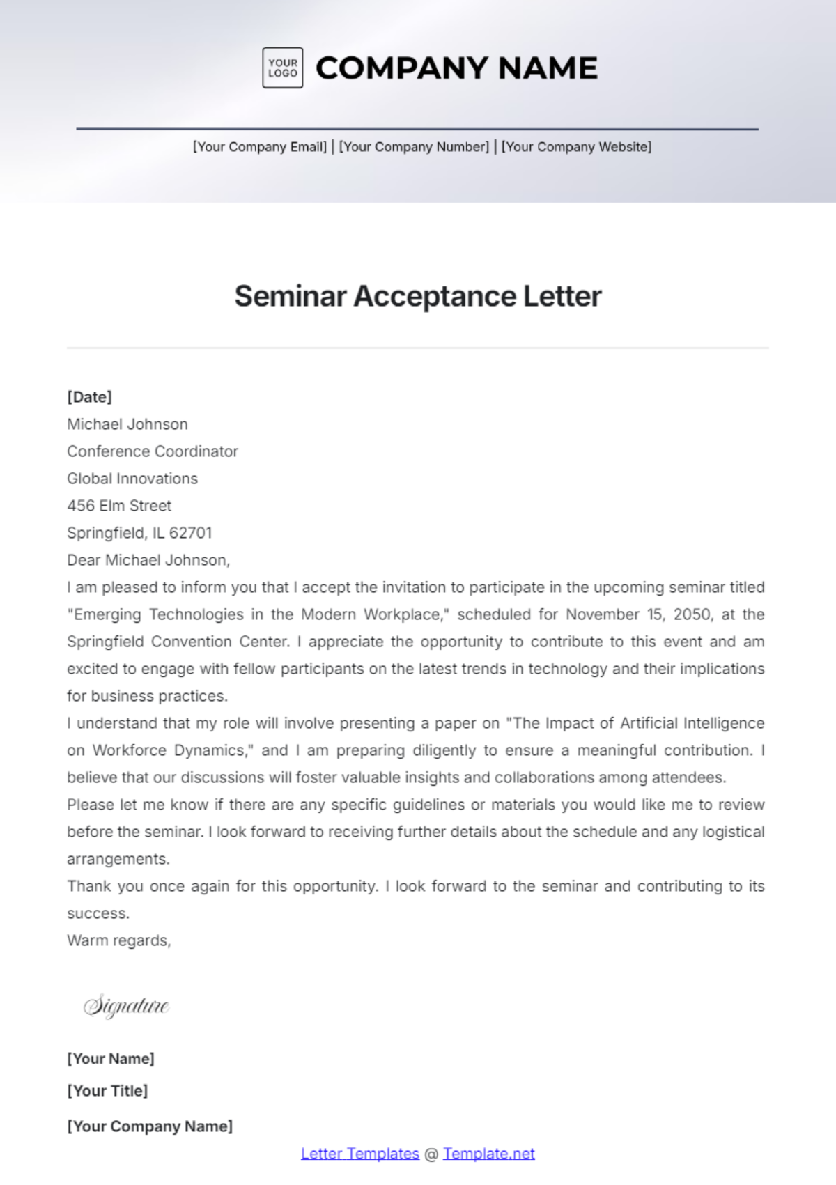 Seminar Acceptance Letter Template - Edit Online & Download