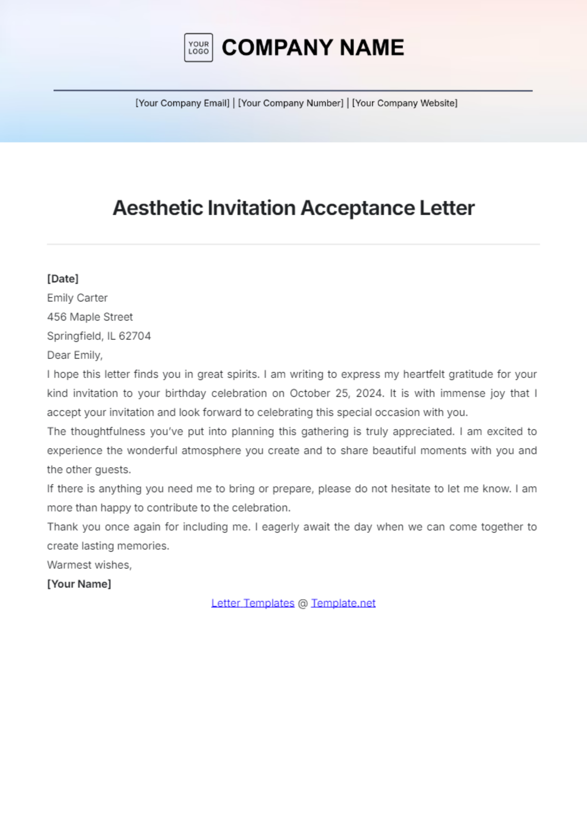 Aesthetic Invitation Acceptance Letter Template - Edit Online & Download