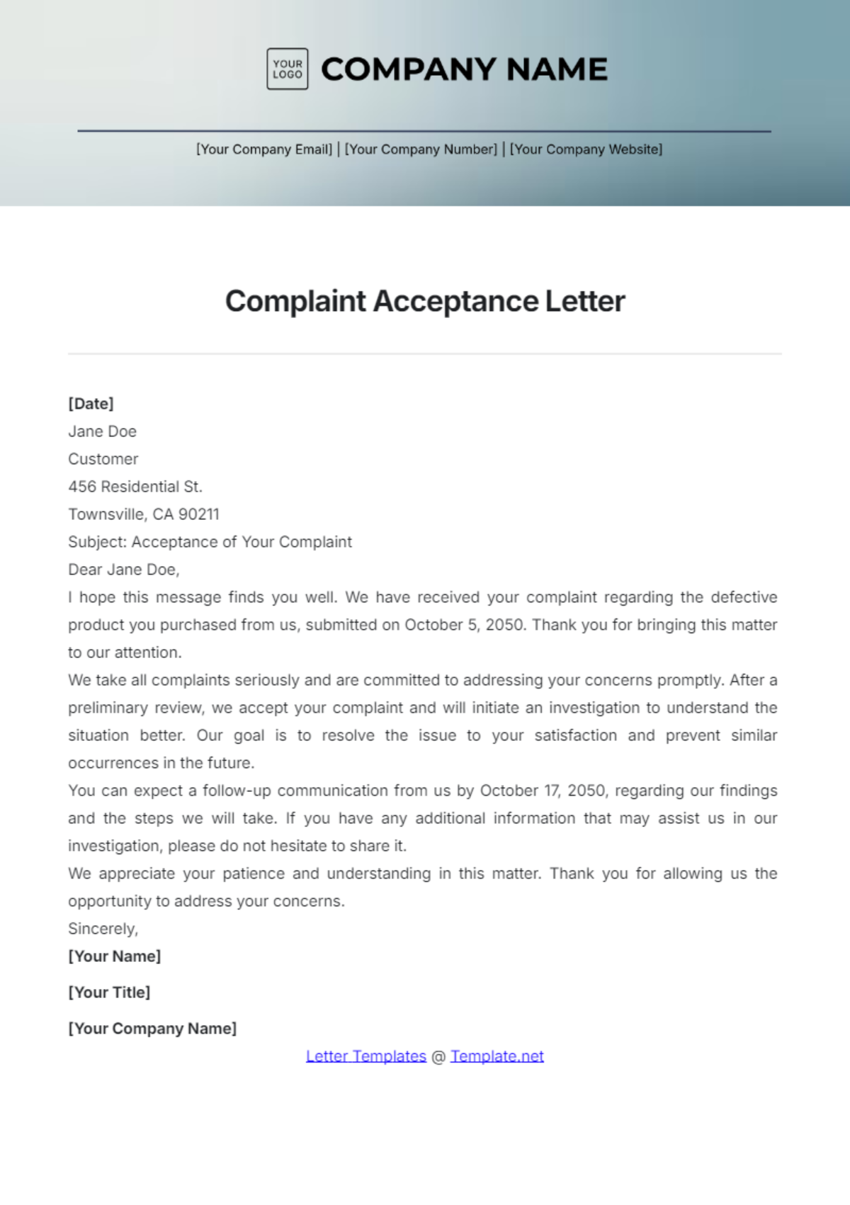 Complaint Acceptance Letter Template - Edit Online & Download