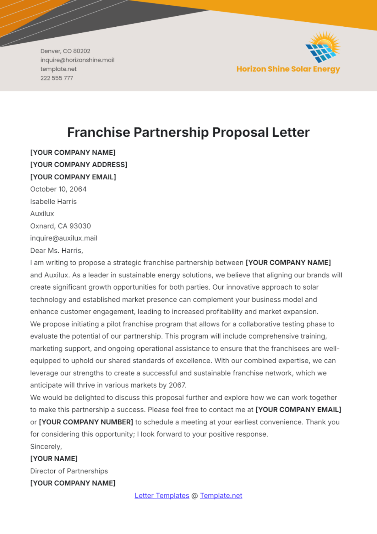 Franchise Partnership Proposal Letter Template - Edit Online & Download