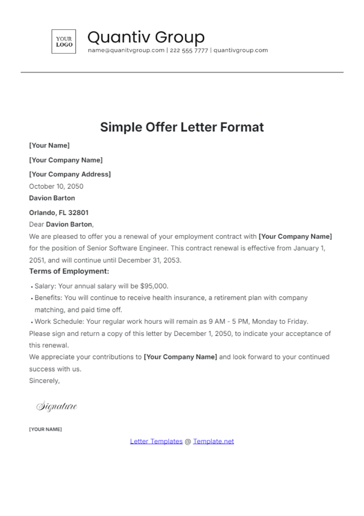 Simple Offer Letter Format Template - Edit Online & Download