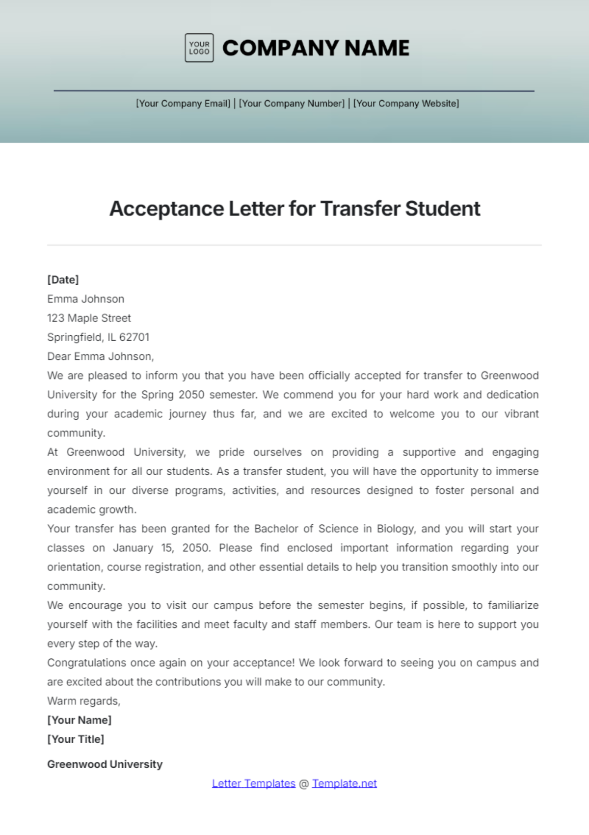 Acceptance Letter for Transfer Student Template - Edit Online & Download