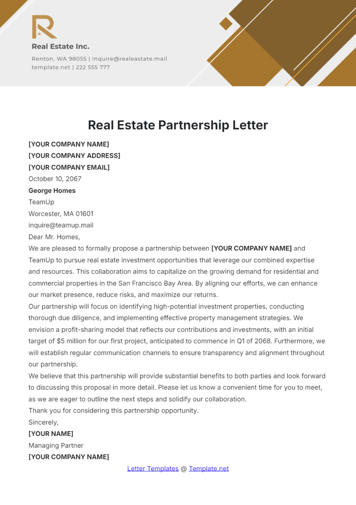 Real Estate Partnership Letter Template - Edit Online & Download