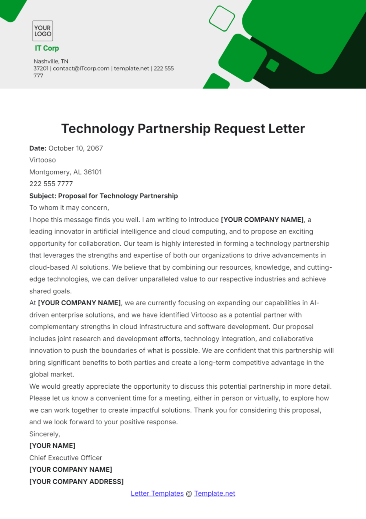 Technology Partnership Request Letter Template - Edit Online & Download