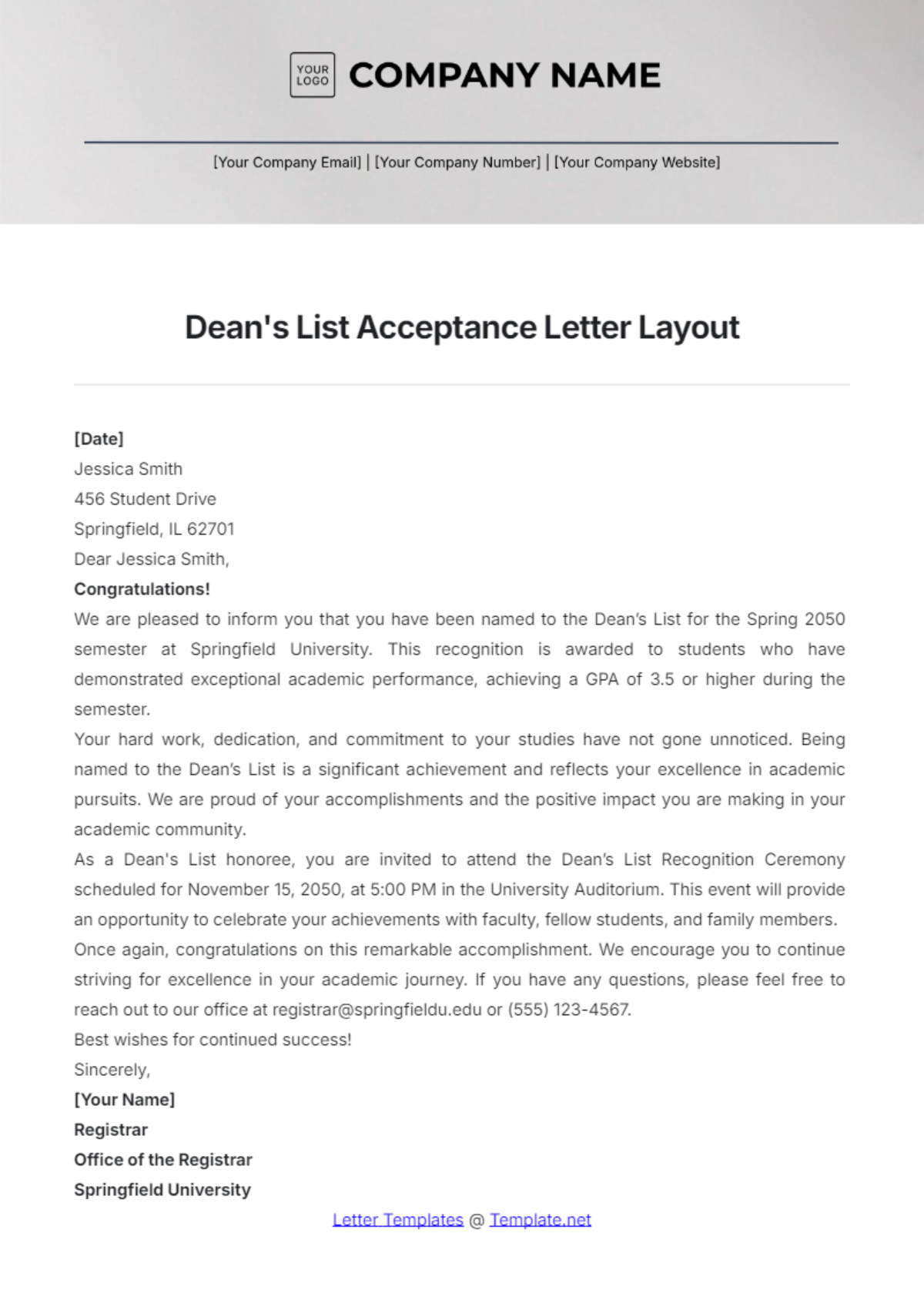 Free Dean's List Acceptance Letter Layout Template - Edit Online ...