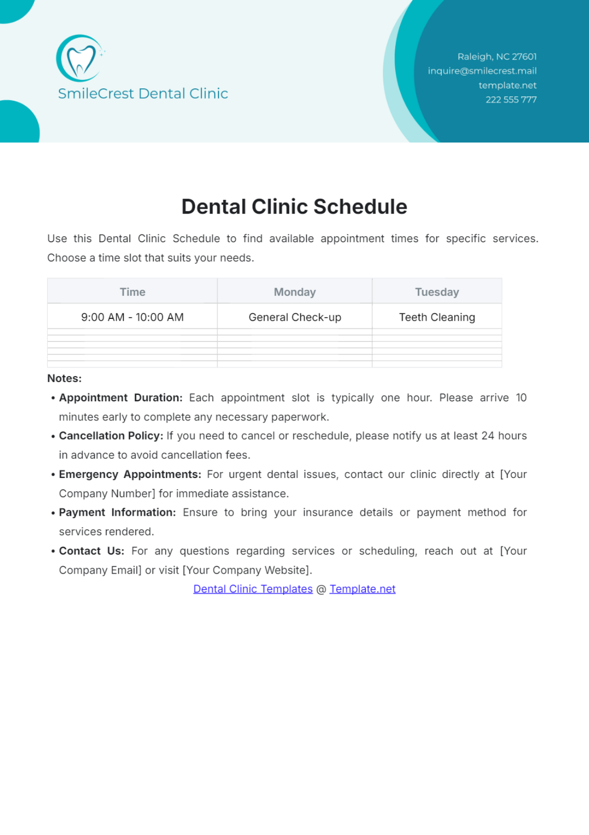 Free Dental Clinic Schedule Template - Edit Online & Download ...