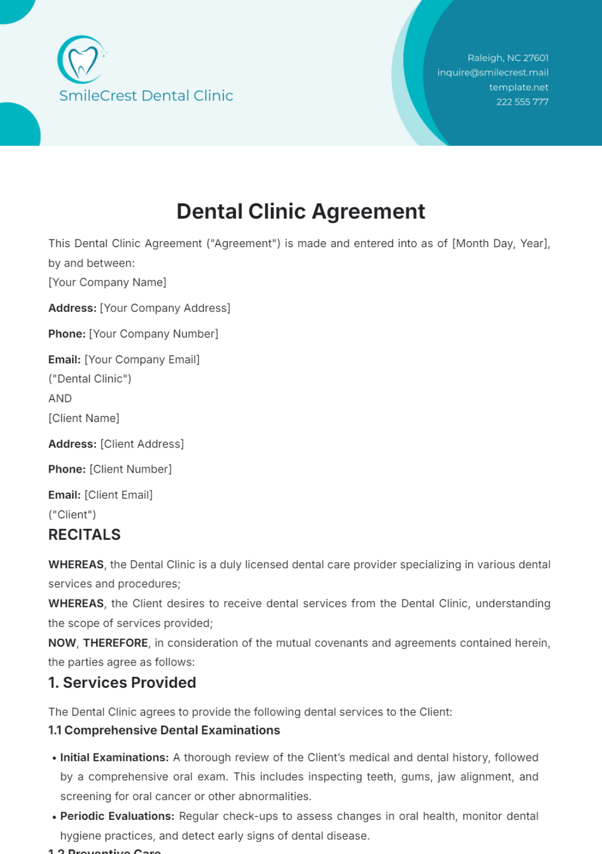 Dental Clinic Agreement Template - Edit Online & Download