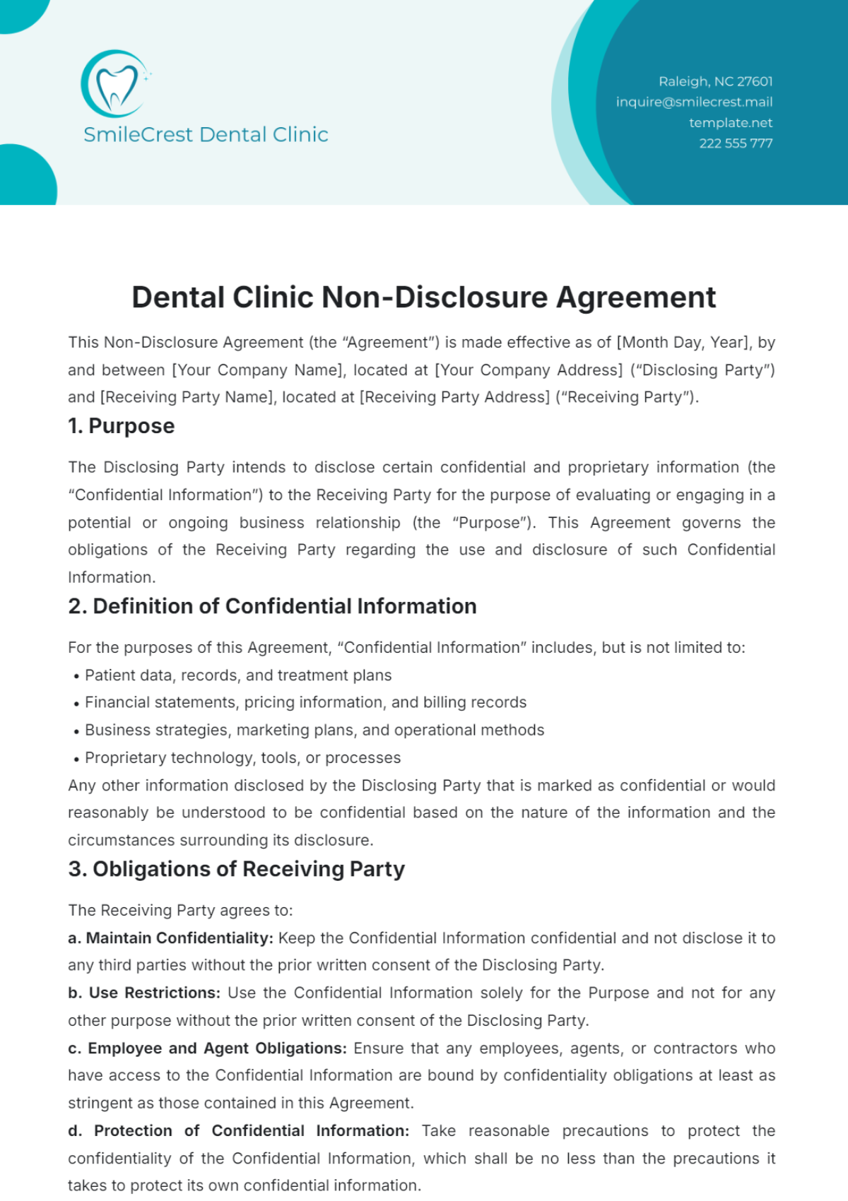 Dental Clinic Non-Disclosure Agreement Template - Edit Online & Download