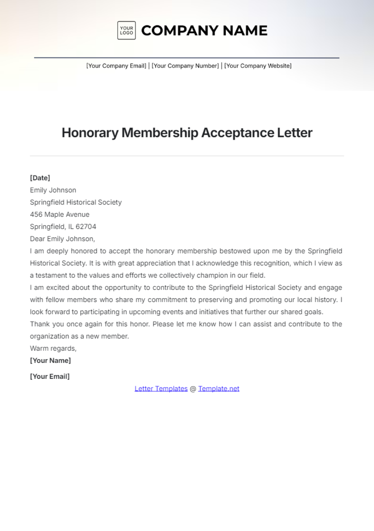 Free Honorary Membership Acceptance Letter Template to Edit Online