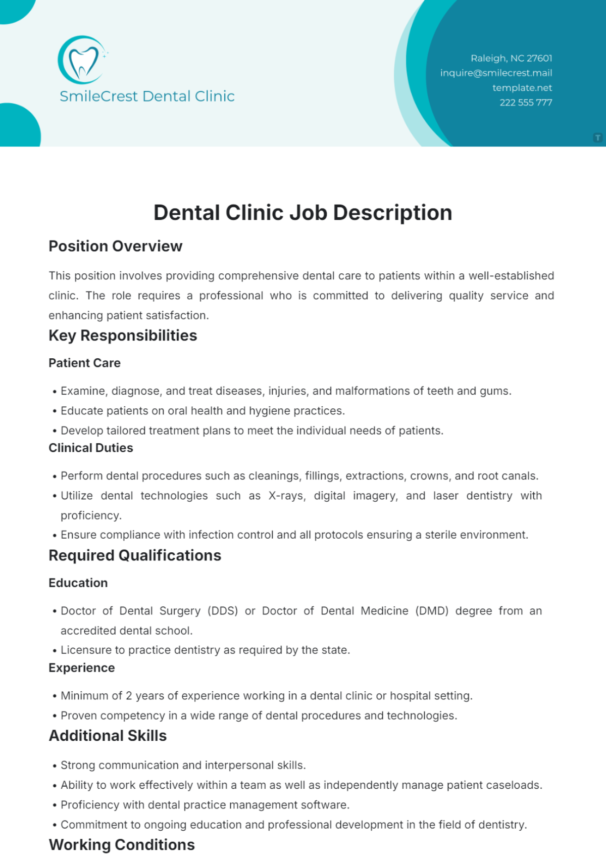 Dental Clinic Job Description Template - Edit Online & Download