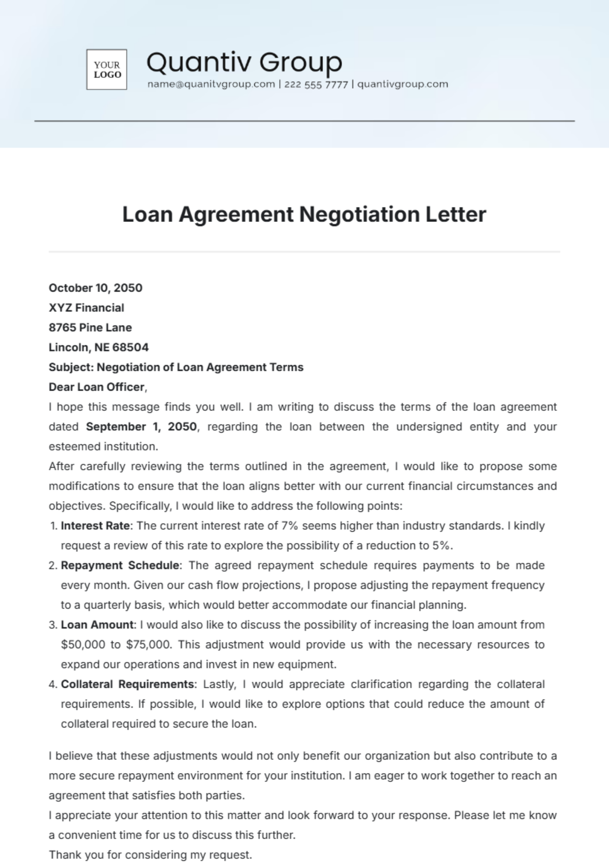 Loan Agreement Negotiation Letter Template - Edit Online & Download