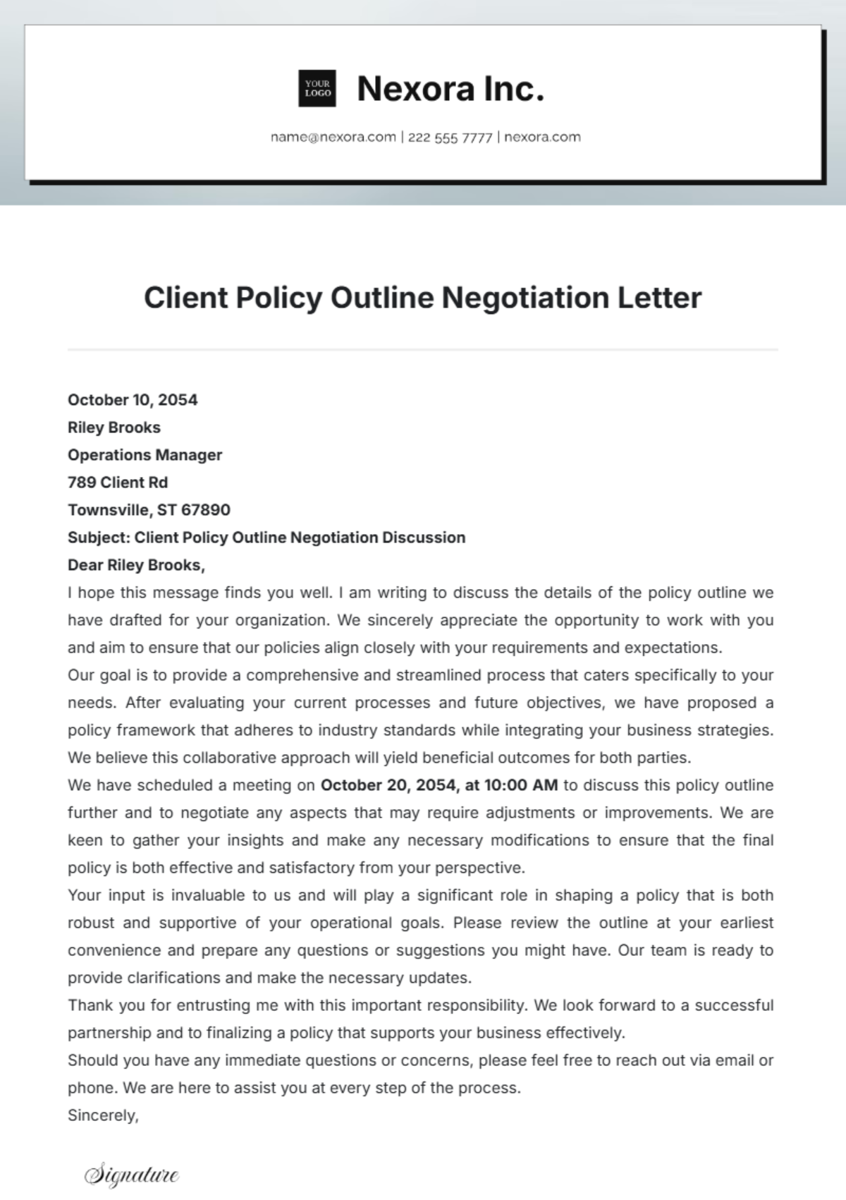 Client Policy Outline Negotiation Letter Template - Edit Online & Download