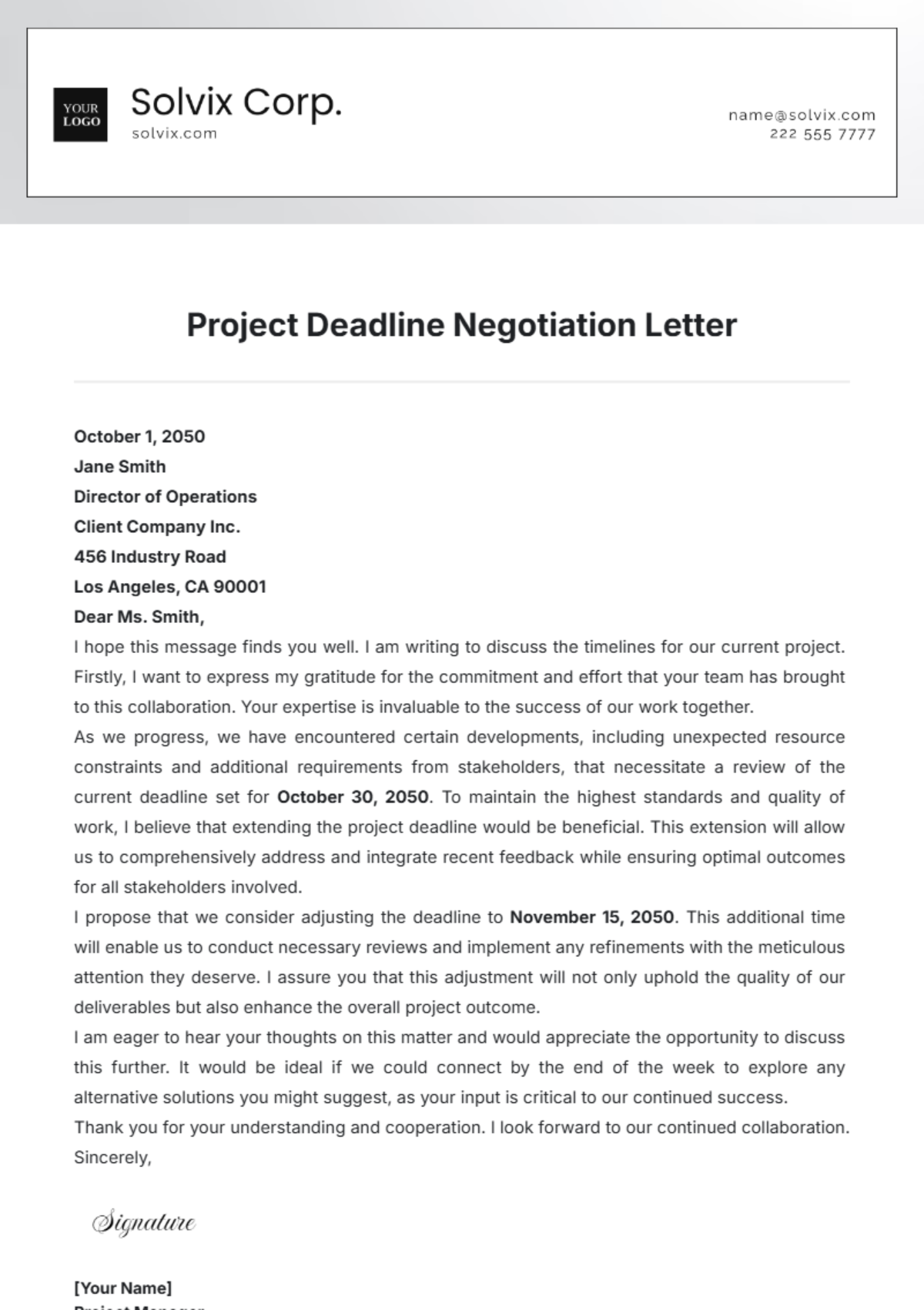 Project Deadline Negotiation Letter Template - Edit Online & Download