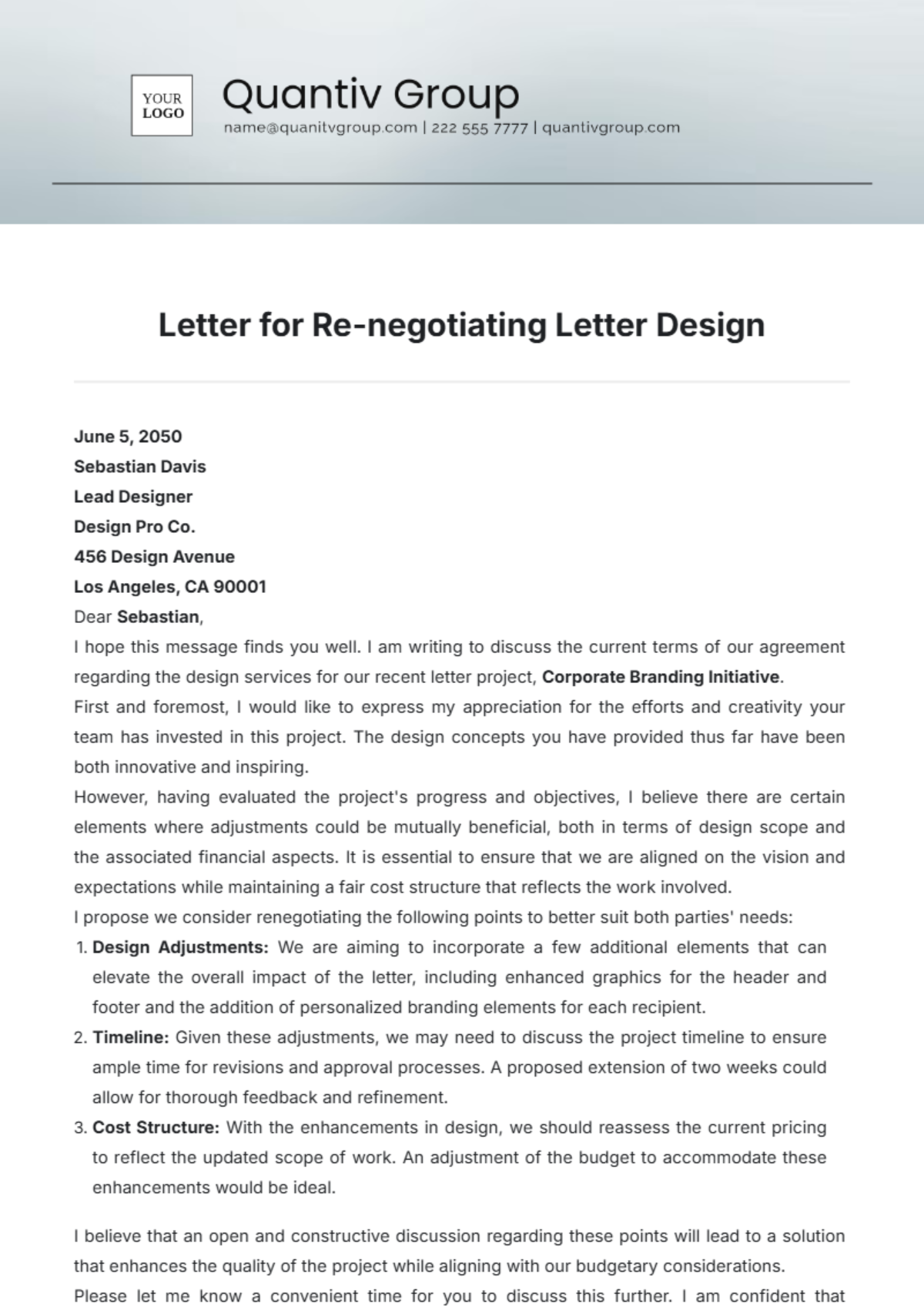 Letter for Re-negotiating Letter Design Template - Edit Online & Download