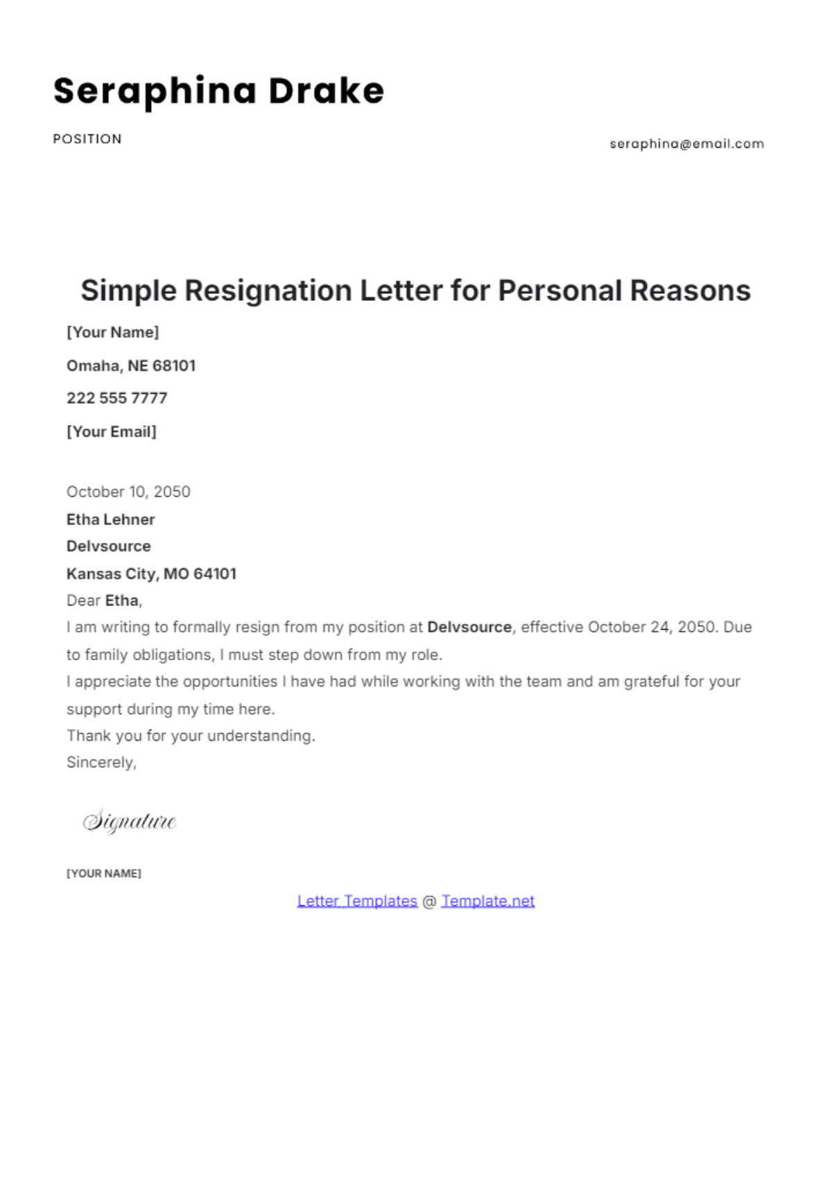 Simple Resignation Letter for Personal Reasons Template - Edit Online & Download