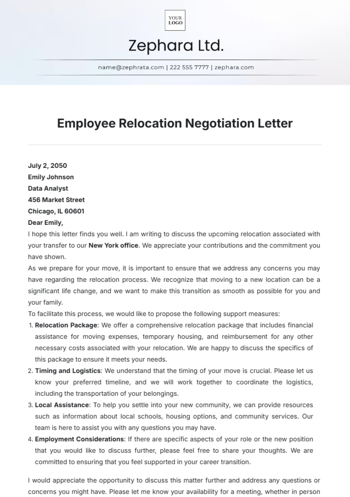 Employee Relocation Negotiation Letter Template - Edit Online & Download