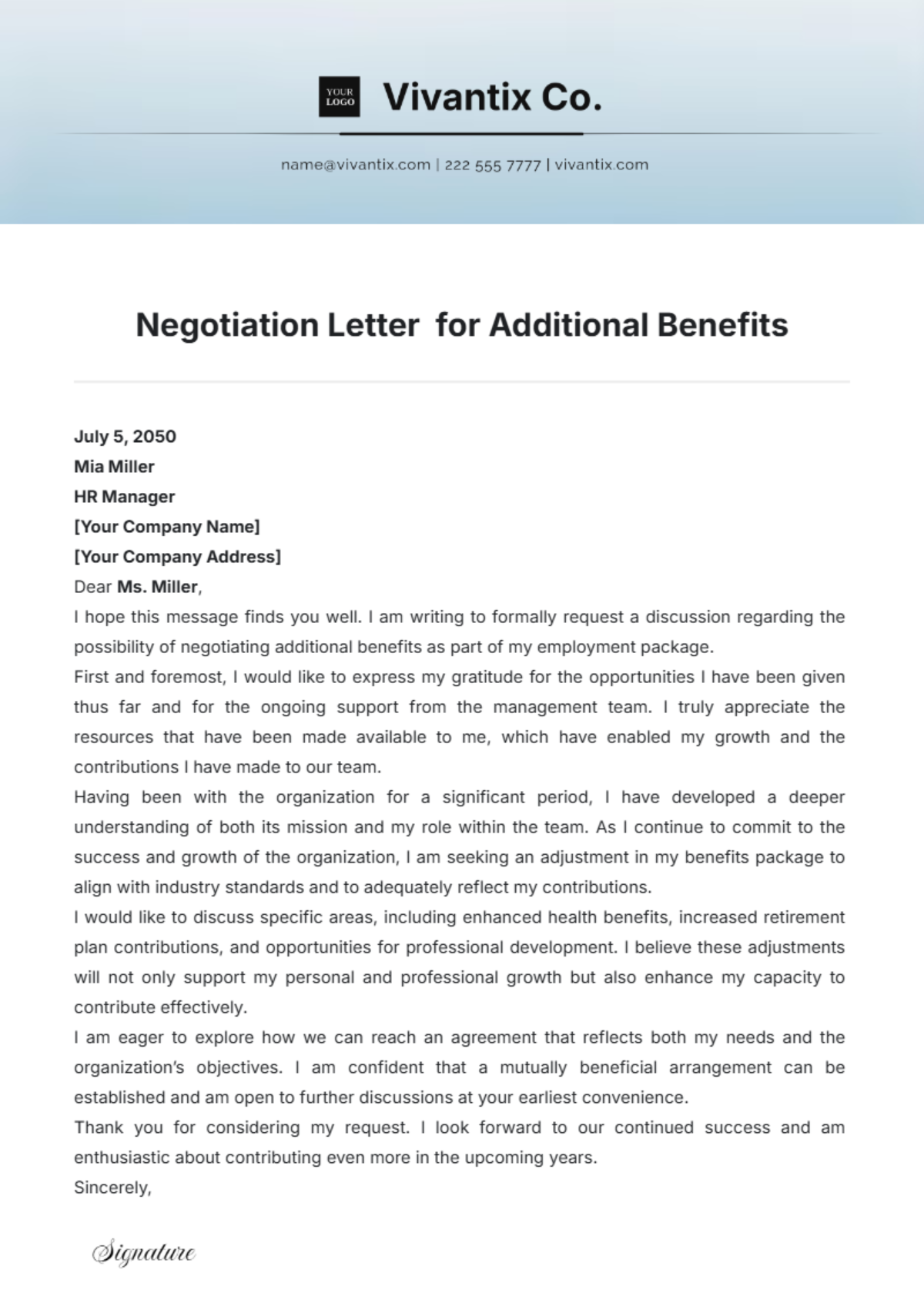 Negotiation Letter for Additional Benefits Template - Edit Online & Download