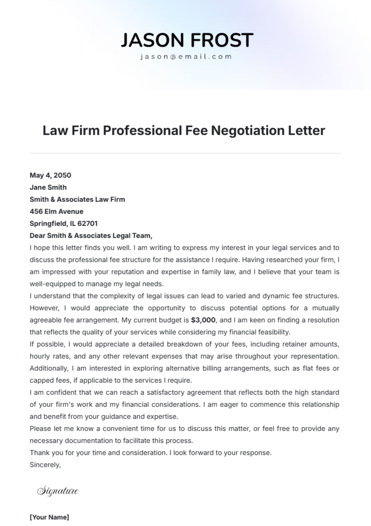 Law Firm Professional Fee Negotiation Letter Template - Edit Online & Download