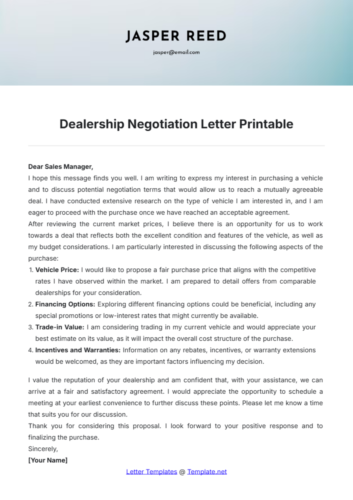 Dealership Negotiation Letter Printable Template - Edit Online & Download