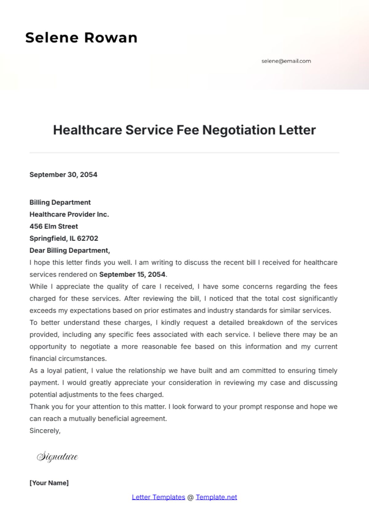 Healthcare Service Fee Negotiation Letter Template - Edit Online & Download