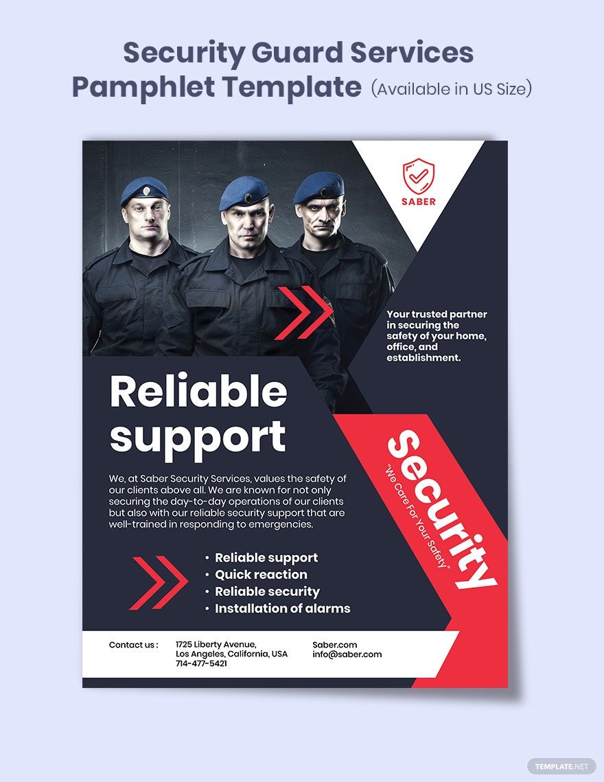 Security Guard Services Pamphlet Template in Word, PSD, Apple Pages, Publisher, InDesign