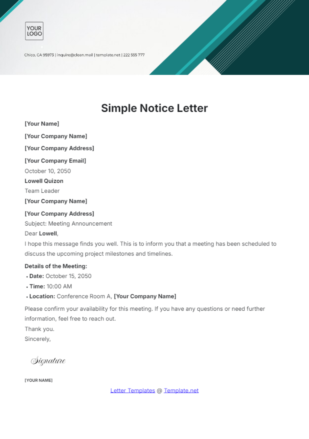 Simple Notice Letter Template - Edit Online & Download