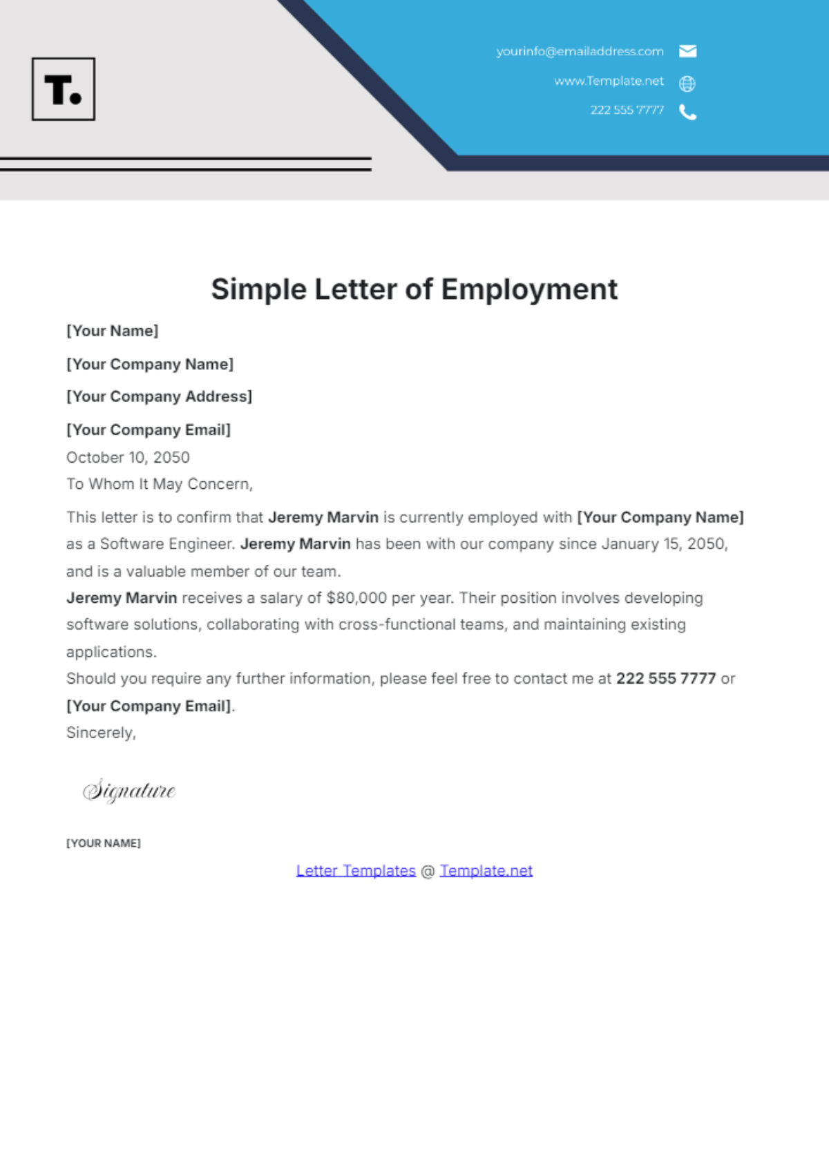 Simple Letter of Employment Template - Edit Online & Download