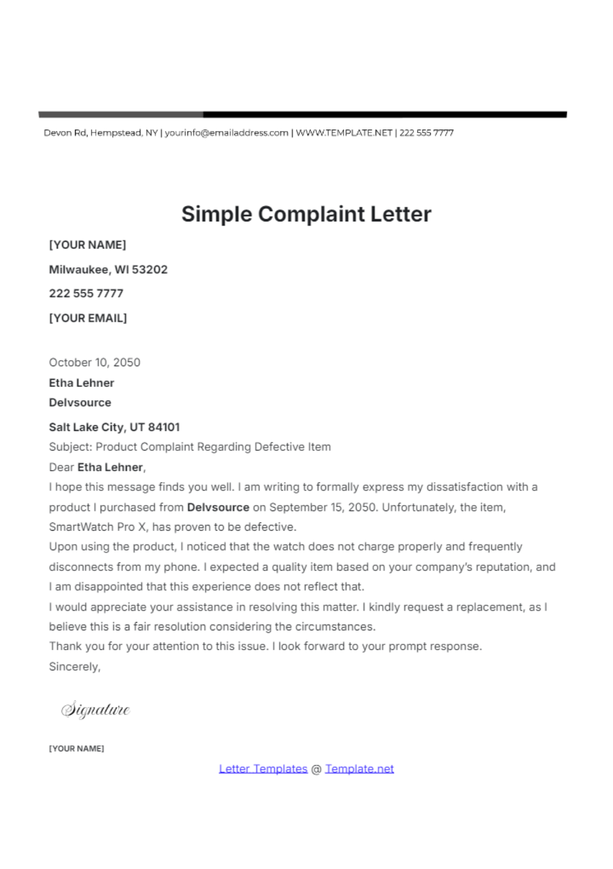 Simple Complaint Letter Template - Edit Online & Download