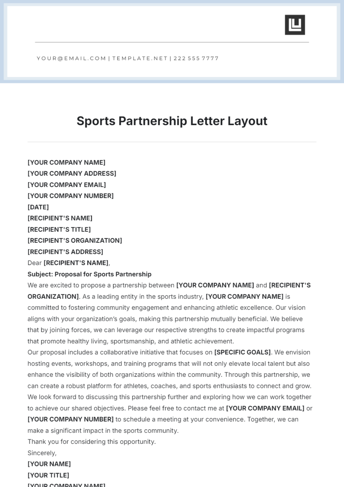 Sports Partnership Letter Layout Template - Edit Online & Download