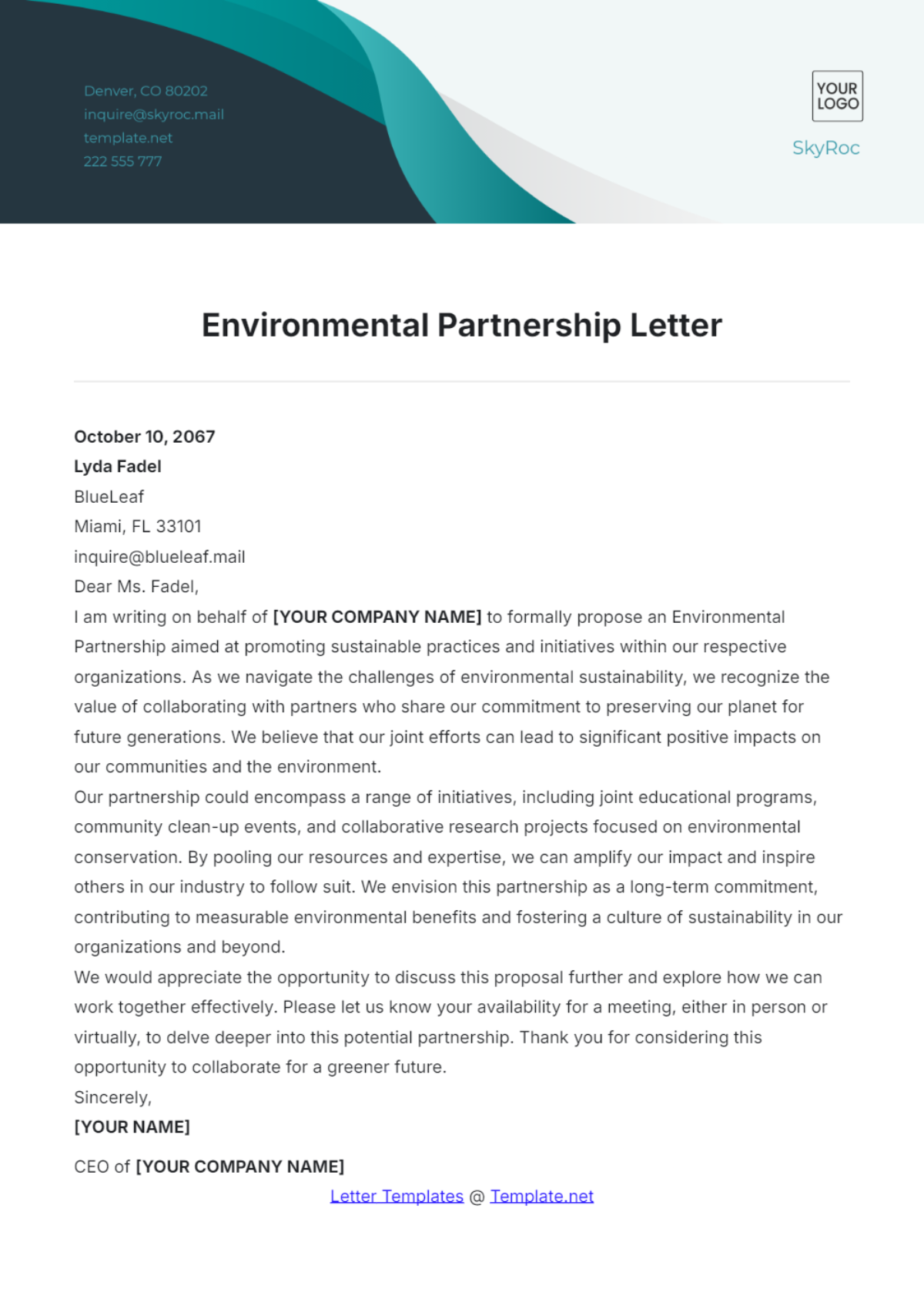 Environmental Partnership Letter Template - Edit Online & Download