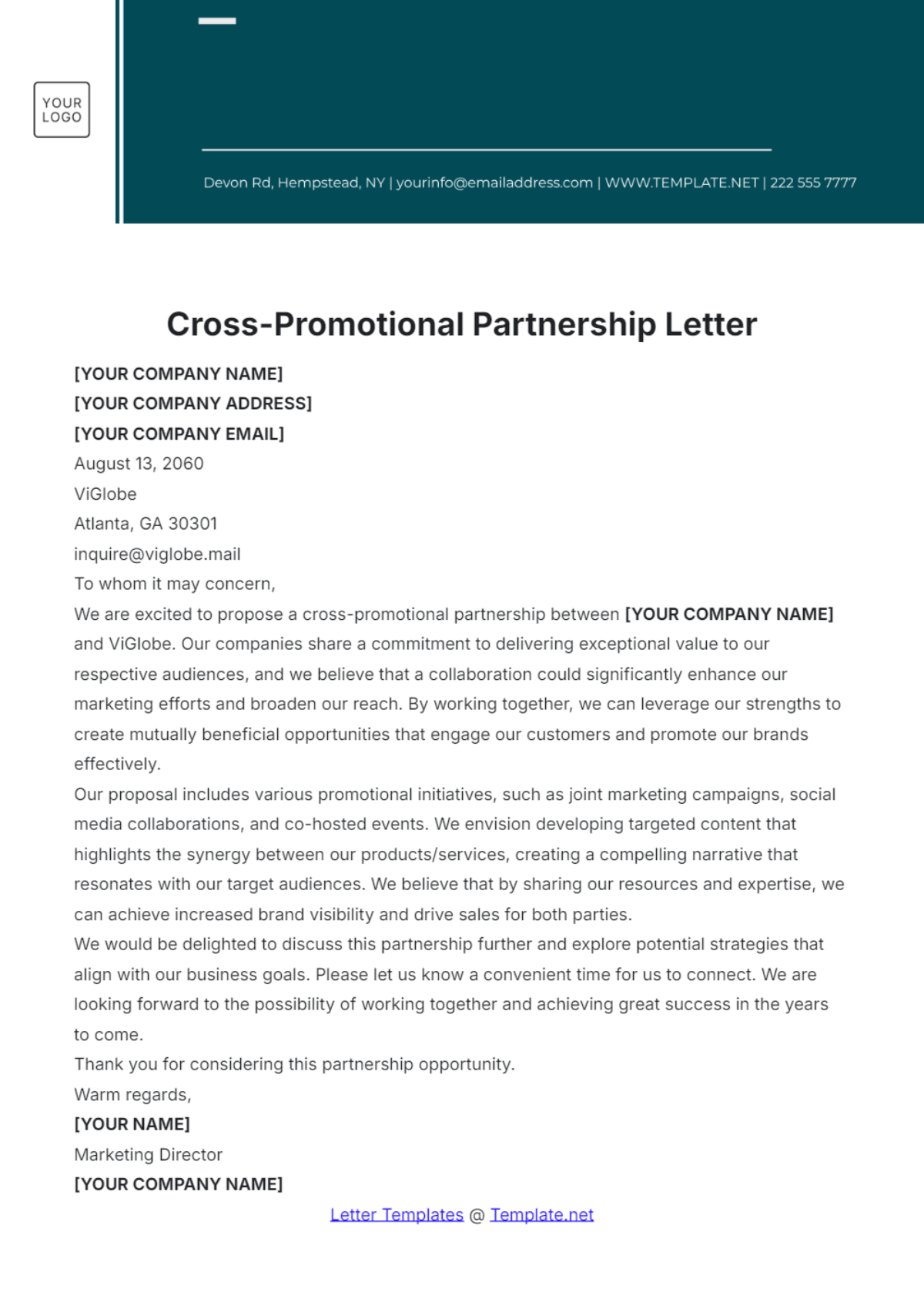 Cross-Promotional Partnership Letter Template - Edit Online & Download