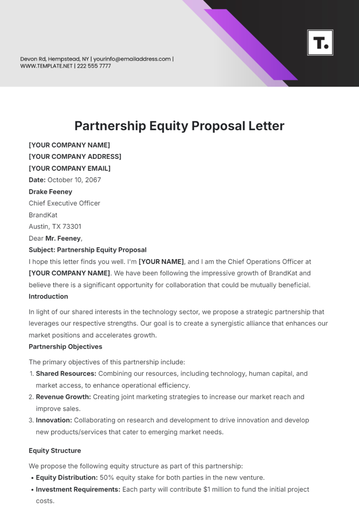 Partnership Equity Proposal Letter Template - Edit Online & Download