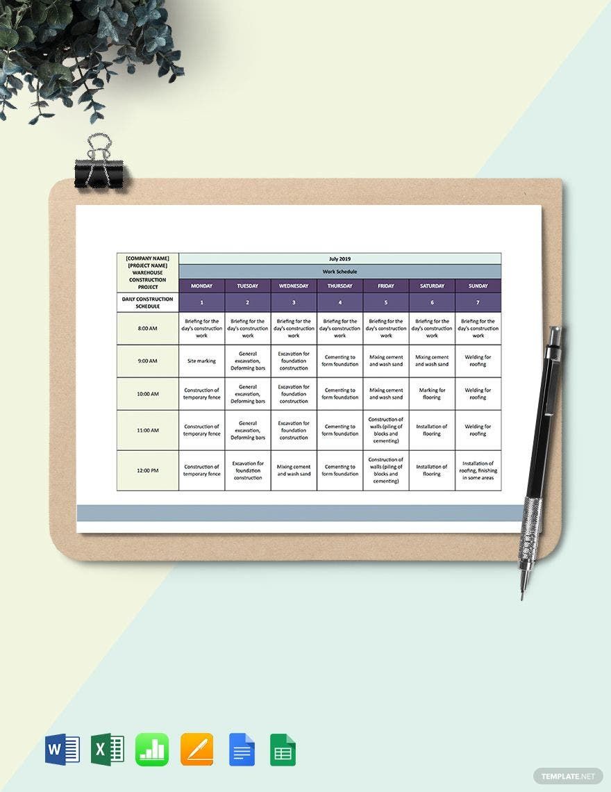 Commercial Daily Construction Schedule Template in Word, Google Docs, Excel, Google Sheets, Apple Pages, Apple Numbers