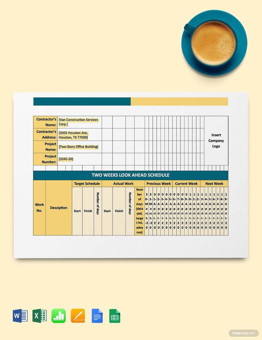 Construction Look Ahead Schedule Template Word Google Docs Excel 