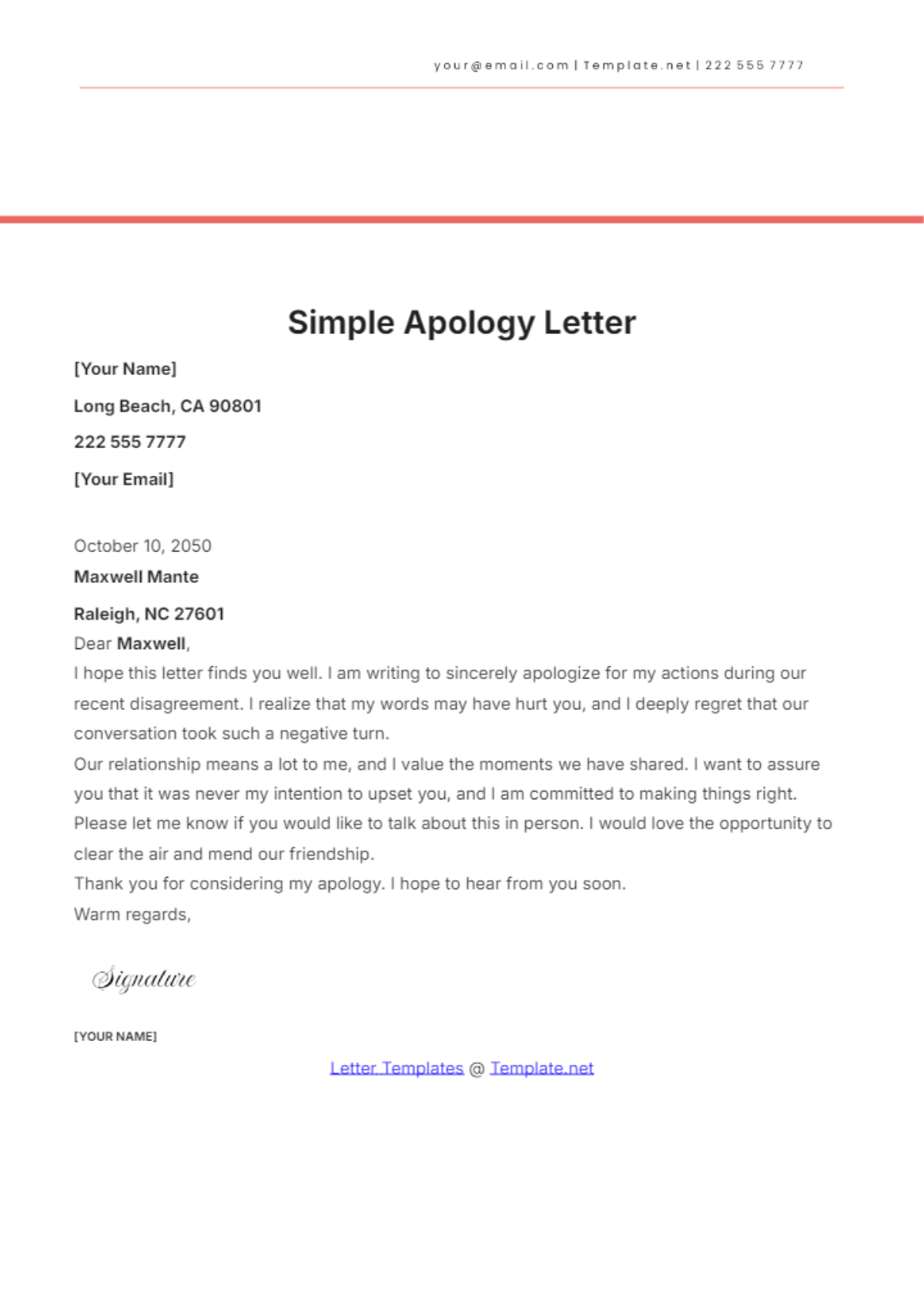 Simple Apology Letter Template - Edit Online & Download