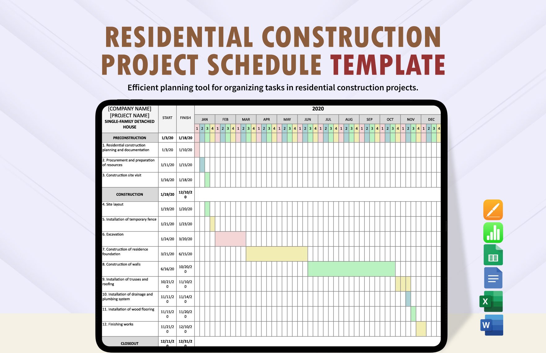 Residential Construction Project Schedule Template in Word, Google Docs, Excel, Google Sheets, Apple Pages, Apple Numbers