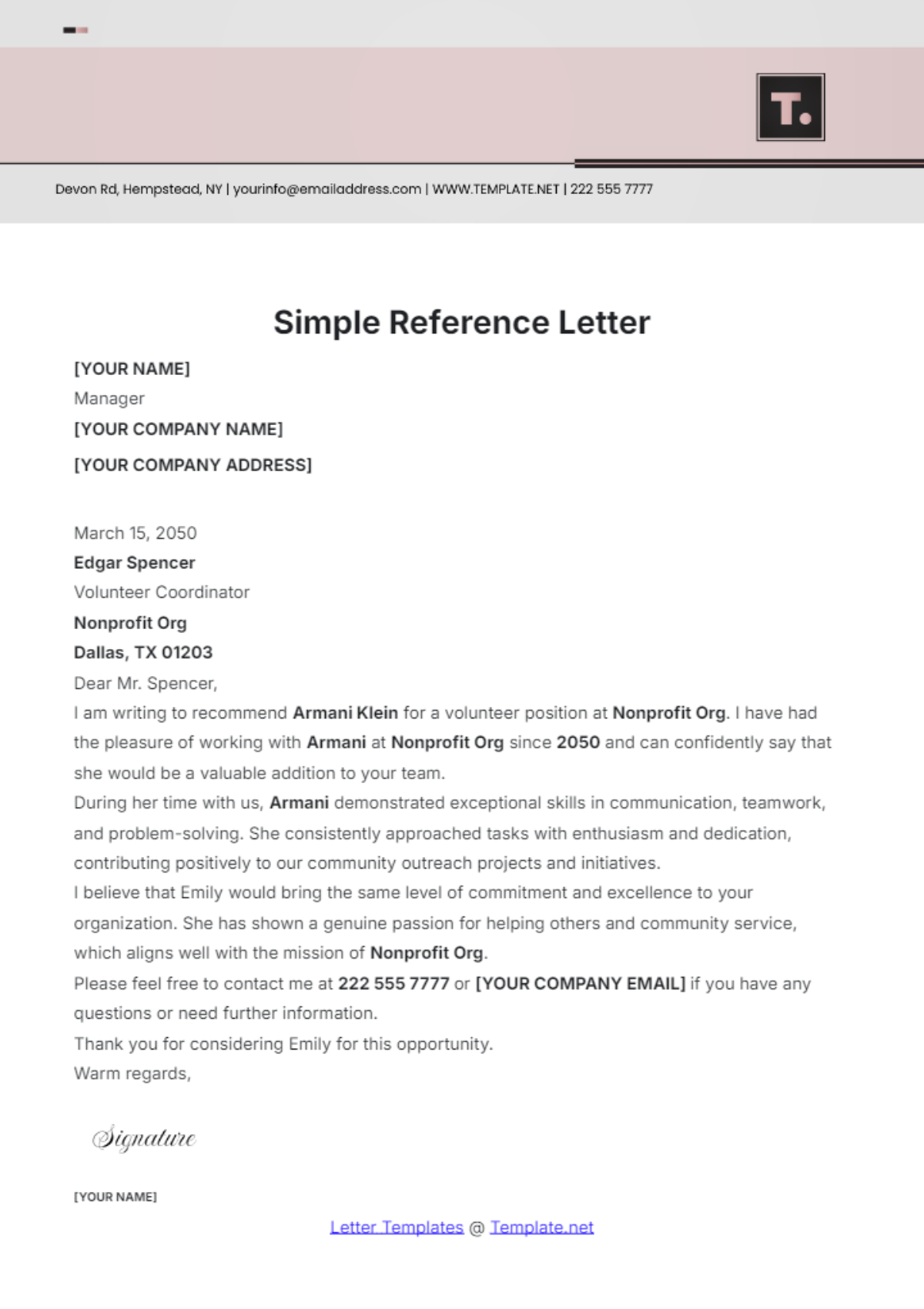 Simple Reference Letter Template - Edit Online & Download