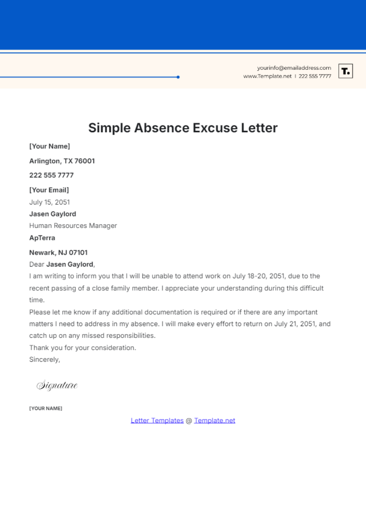 Simple Absence Excuse Letter Template - Edit Online & Download