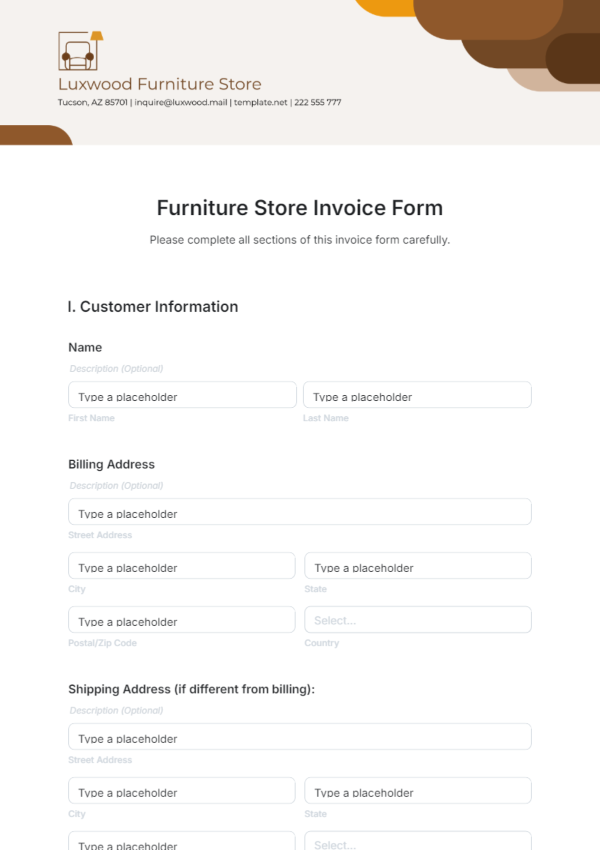 Furniture Store Invoice Form Template